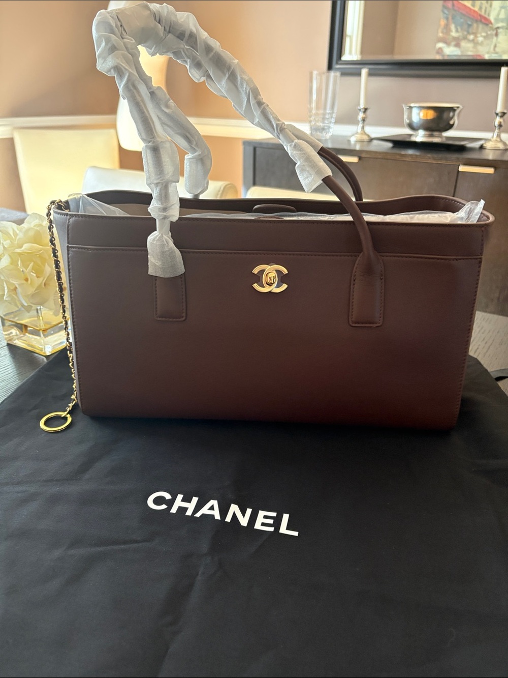 Fashion CHANEL Dark Brown Leather Tote with Gold CC Hardware